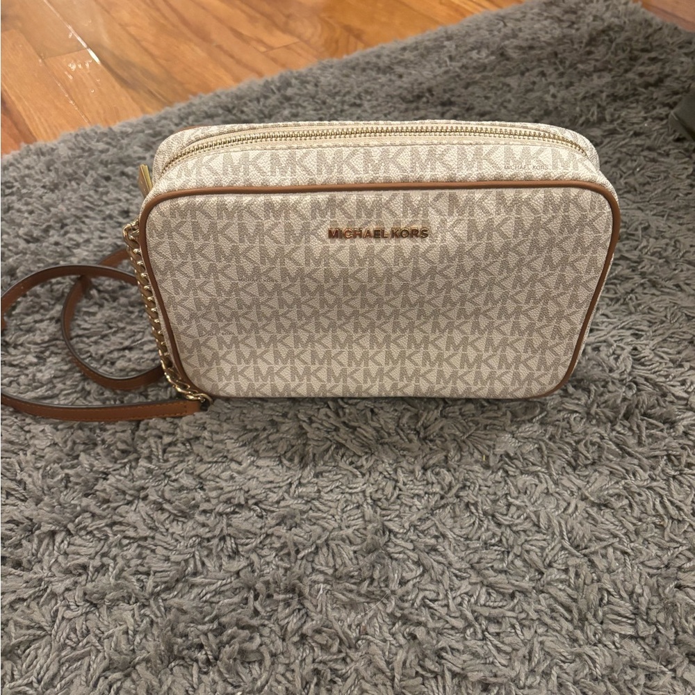 Michael Kors Cream and Brown Logo Crossbody Bag
